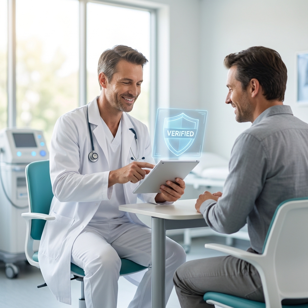 Doctor showing verified record to patient